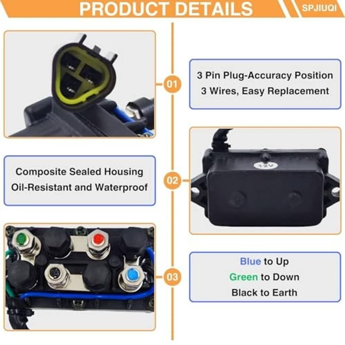 Sealed 12V power trim tilt relay with waterproof housing and color-coded wiring