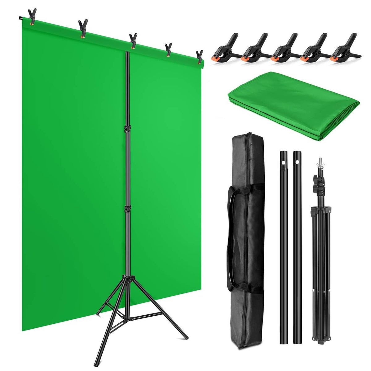 Green screen backdrop kit with green sheet, clips, tripod stand, carry bag