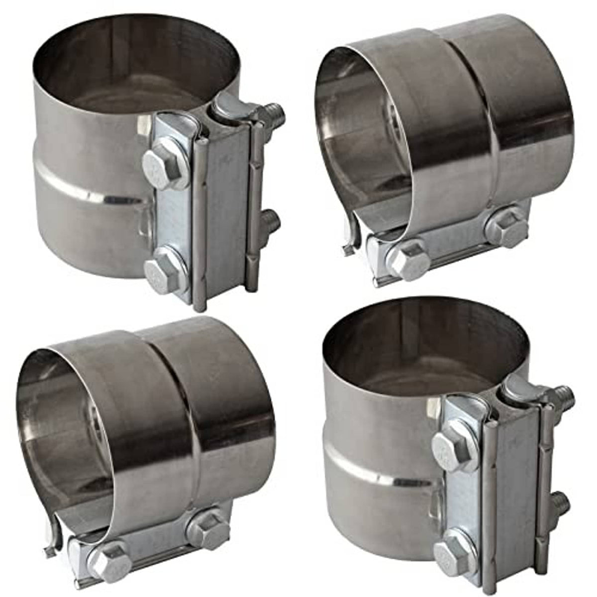 Set of 4 lap-joint 3-inch stainless exhaust band clamps with adjustable metal bands