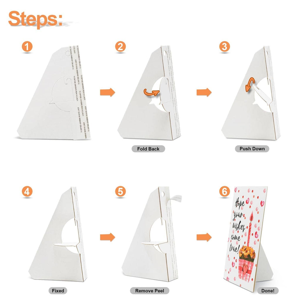 White cardboard easel back with peel-and-apply steps shown on instruction panel