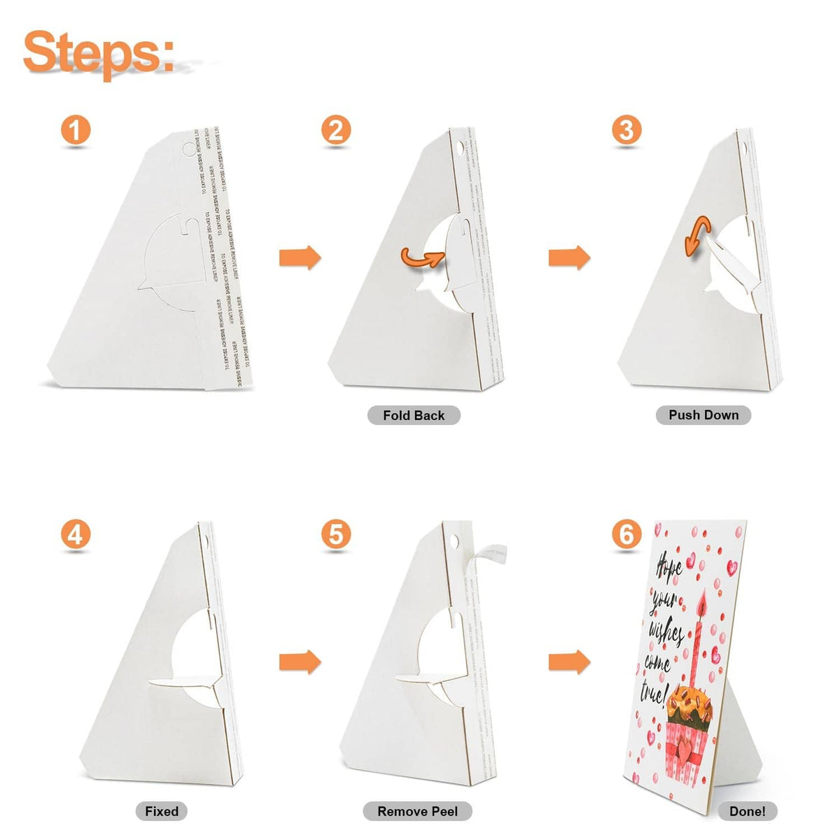 White cardboard easel back with peel-and-apply steps shown on instruction panel