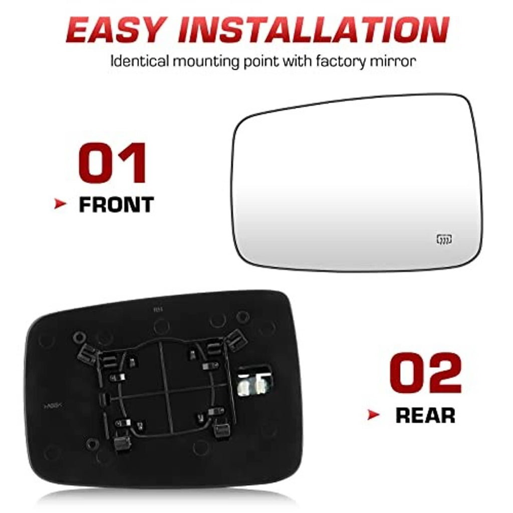 Heated side mirror glass kit with front and rear mounting components and defrost icon.