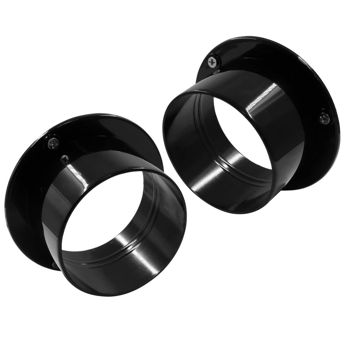 Pair of black ABS duct connectors with flanged ends, angled view