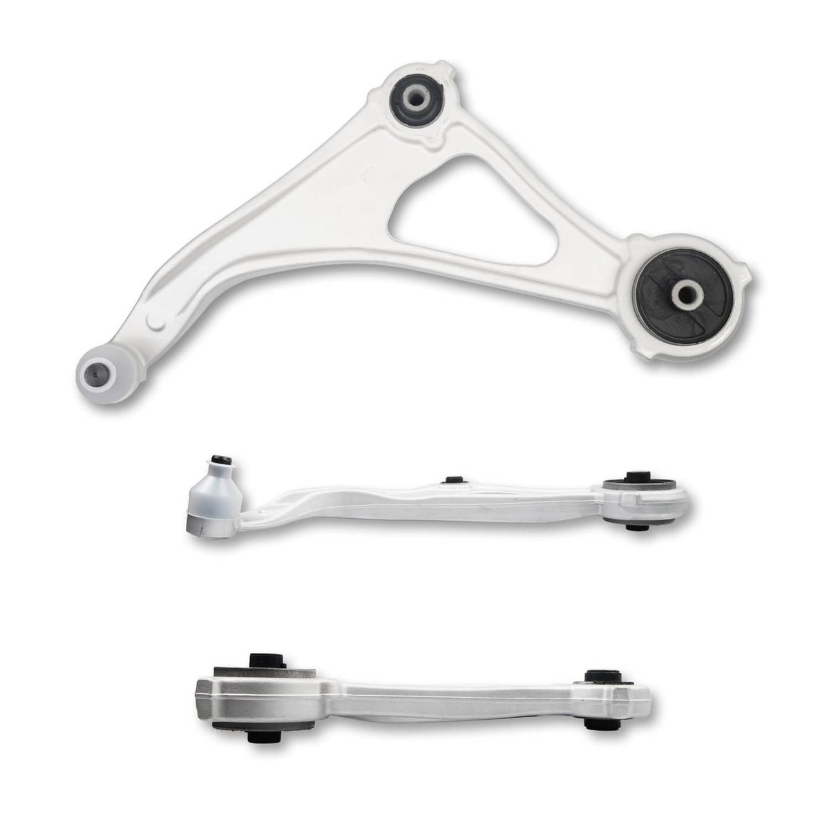 White front control arm kit with rubber bushings and mounting hardware pieces