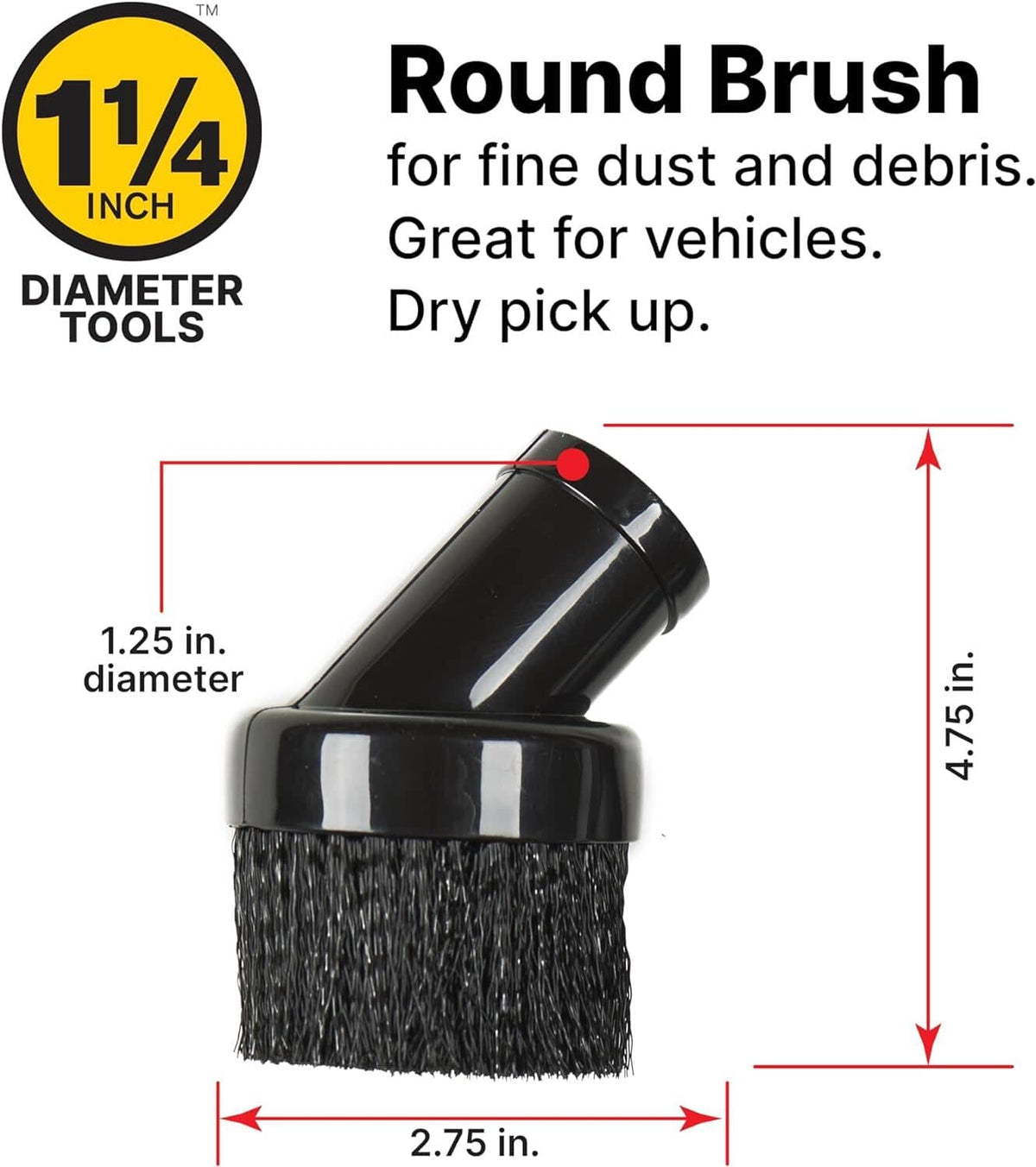 Black round dusting brush nozzle attachment with dense bristles and angled head.