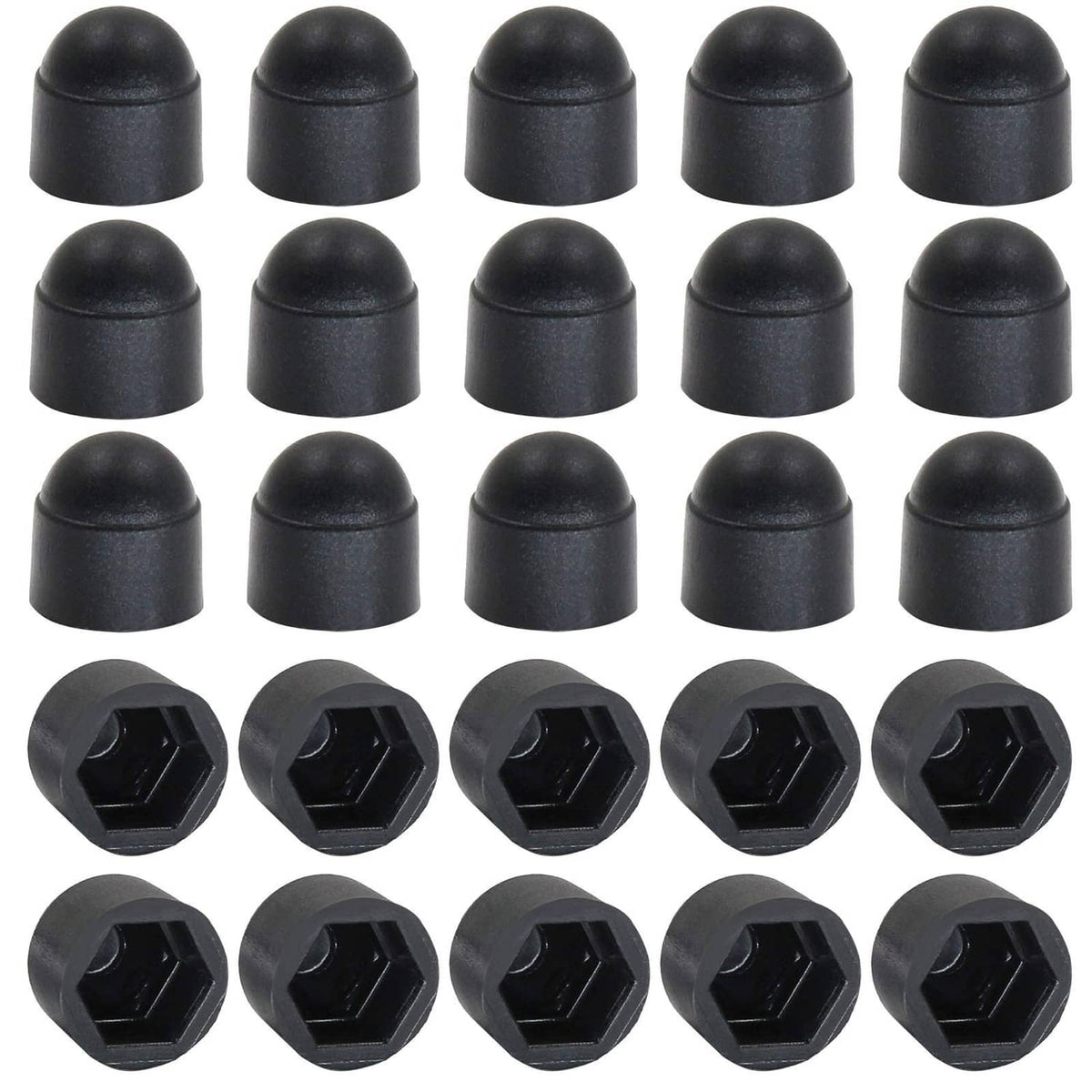 Black hex bolt head cover set, domed caps with hex openings (25 pcs)