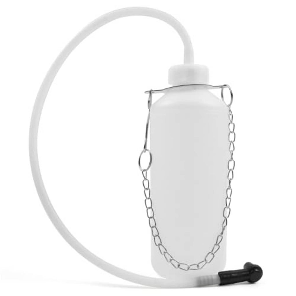 Brake fluid bleeder bottle with long hose and black rubber outlet cap