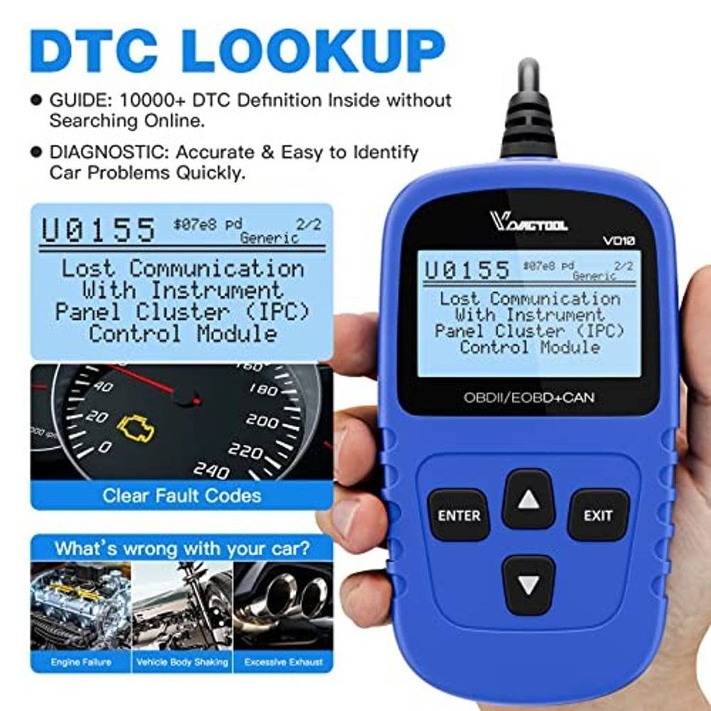Blue OBD2 scanner in hand with LCD diagnostic menu and enter/exit controls