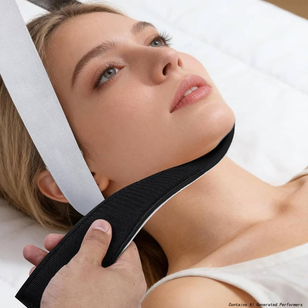 Neck traction strap with black neck support and light gray strap around the head