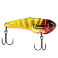 Gold and red blade bait fishing lure with two treble hooks and metal eyelets.