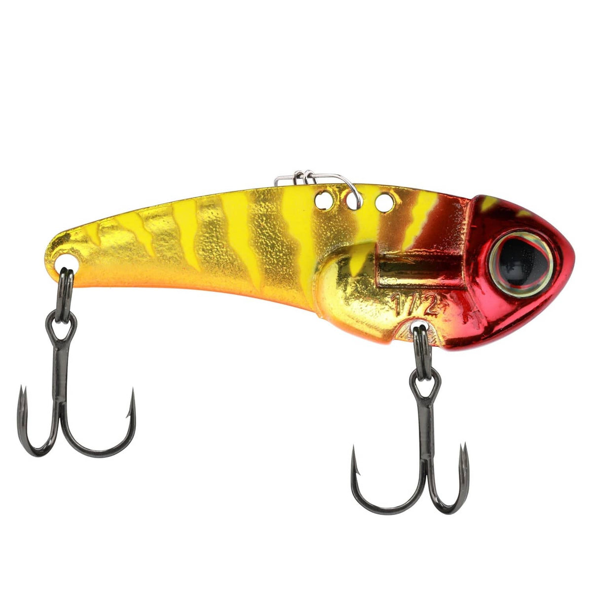 Gold and red blade bait fishing lure with two treble hooks and metal eyelets.
