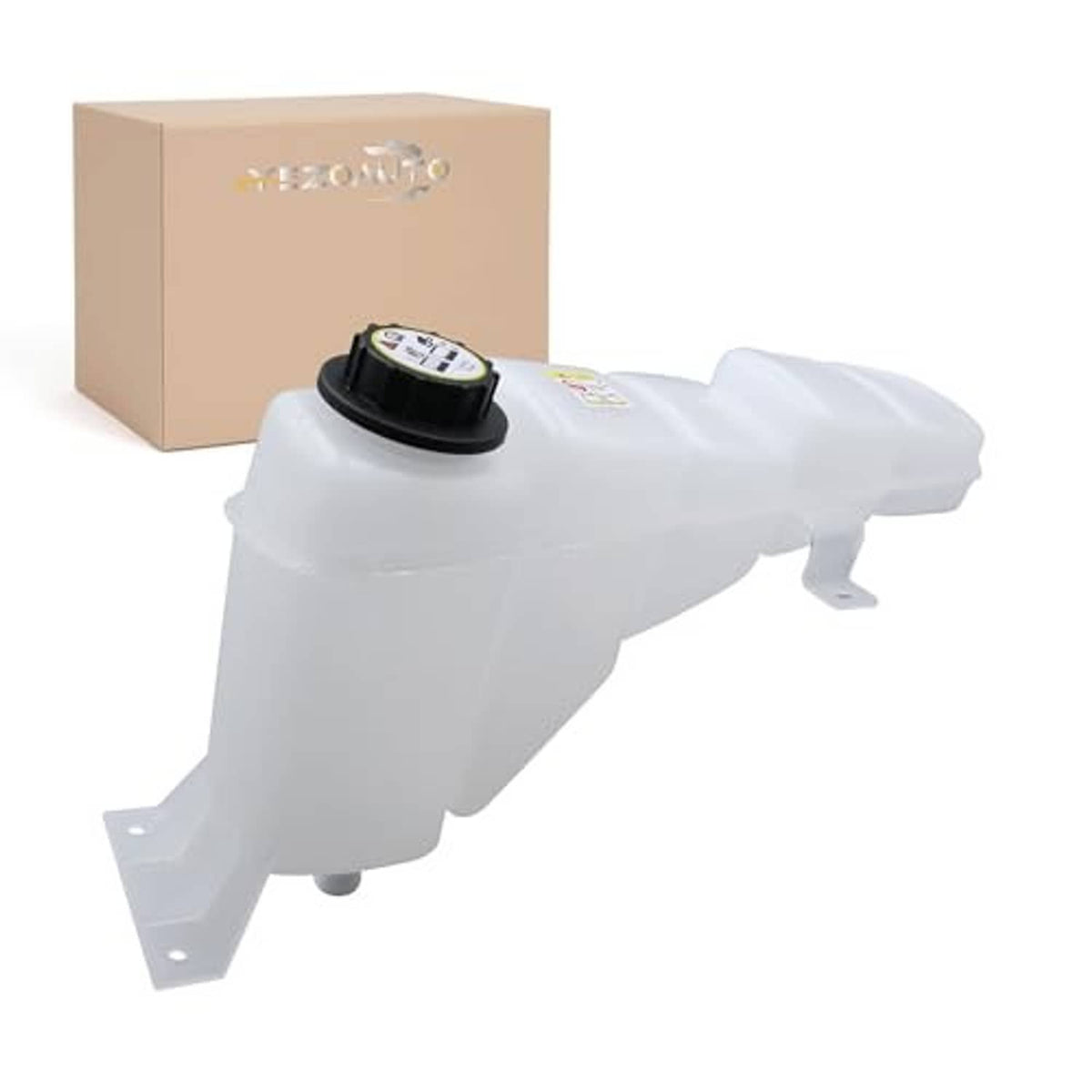Pressurized coolant reservoir with black cap and side outlet, white plastic
