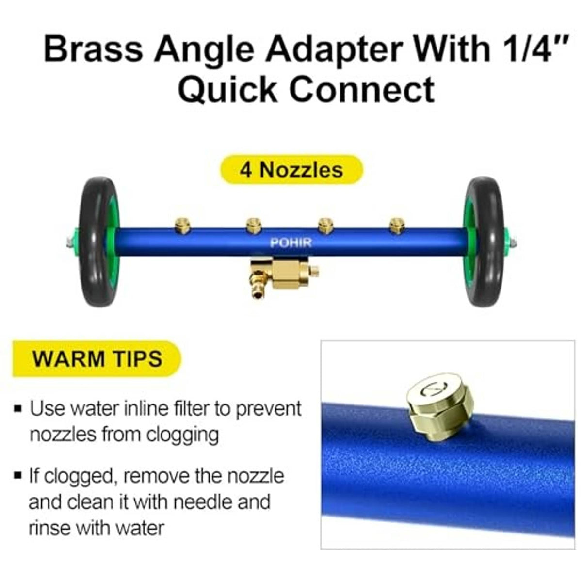 Blue undercarriage pressure washer cleaner with green wheels, brass quick-connect adapter and 4 nozzles