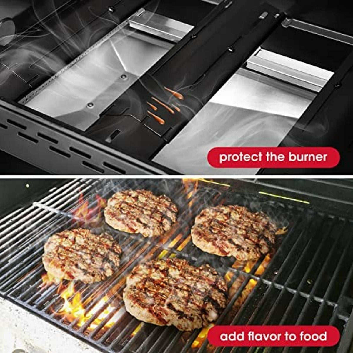 Black grill heat plate shield panels installed above burners for added protection