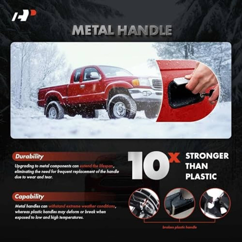 Black metal exterior door handle mounted on a vehicle door panel