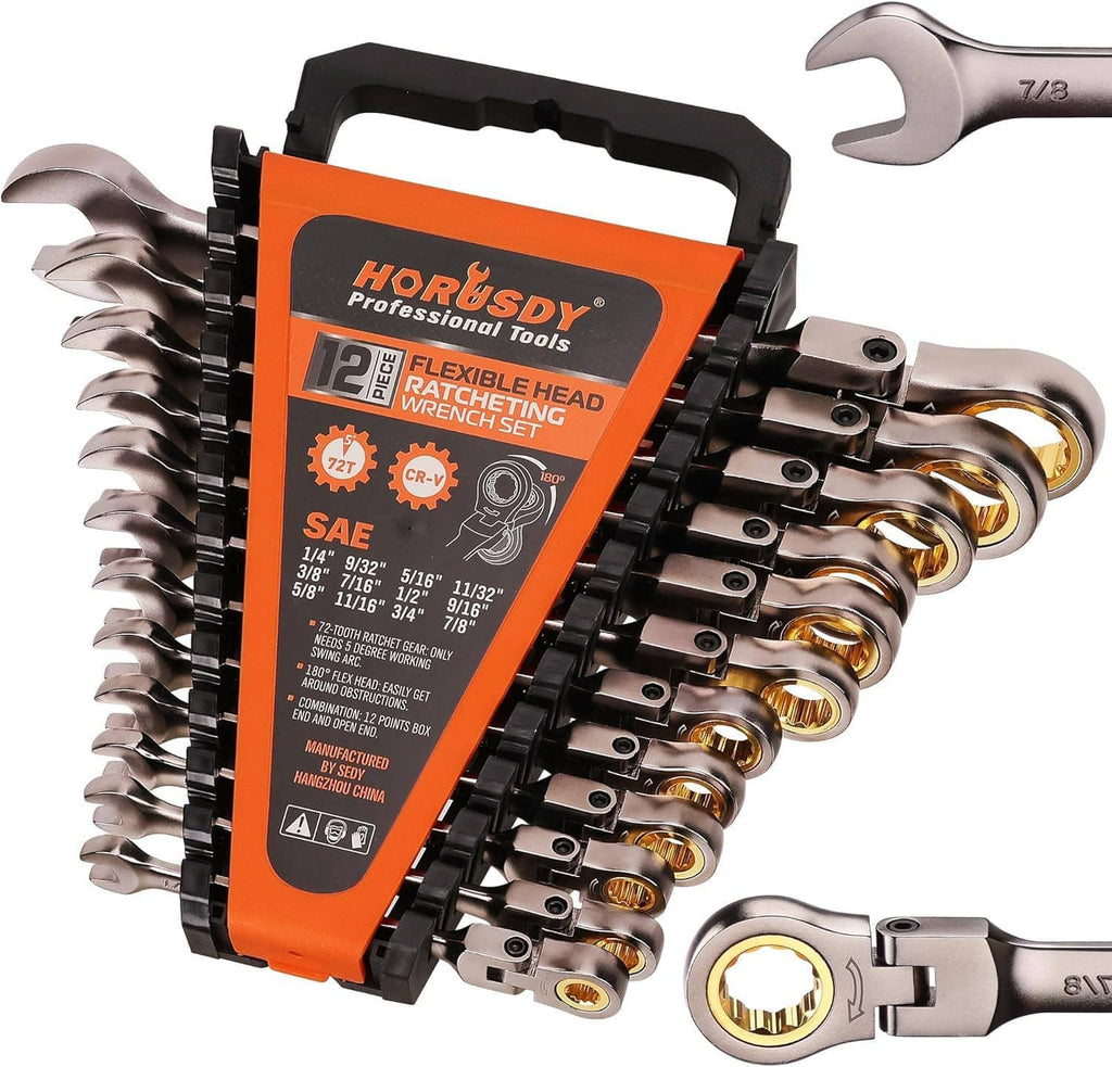 SAE flexible-head ratcheting wrench set with organizer, chrome wrenches, black holder