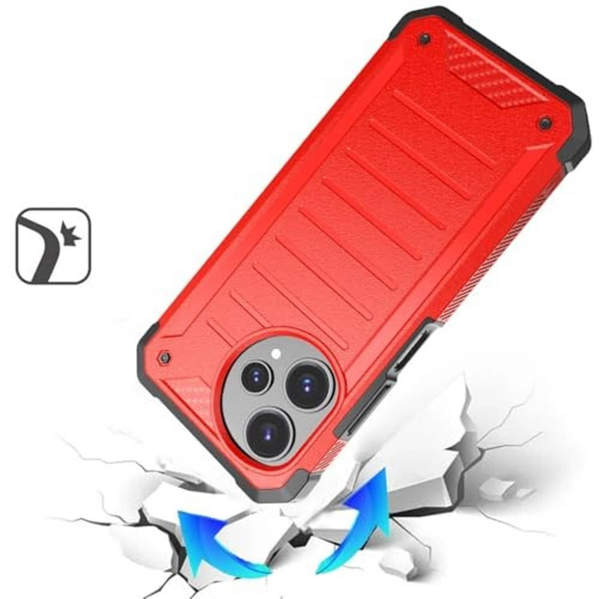 Red rugged phone case with black corner bumpers, drop-impact style protection
