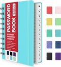 Turquoise password notebook with spiral binding and alphabet tab dividers, letter tabs visible
