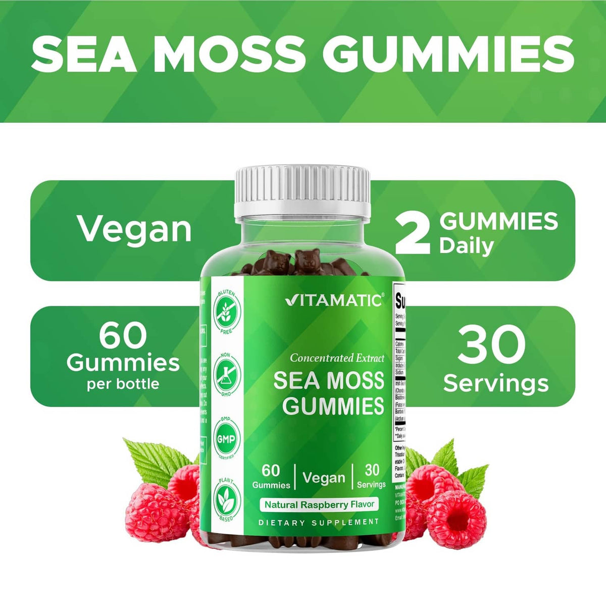 Sea moss gummies bottle with green front label, vegan, 2 gummies daily, 30 servings