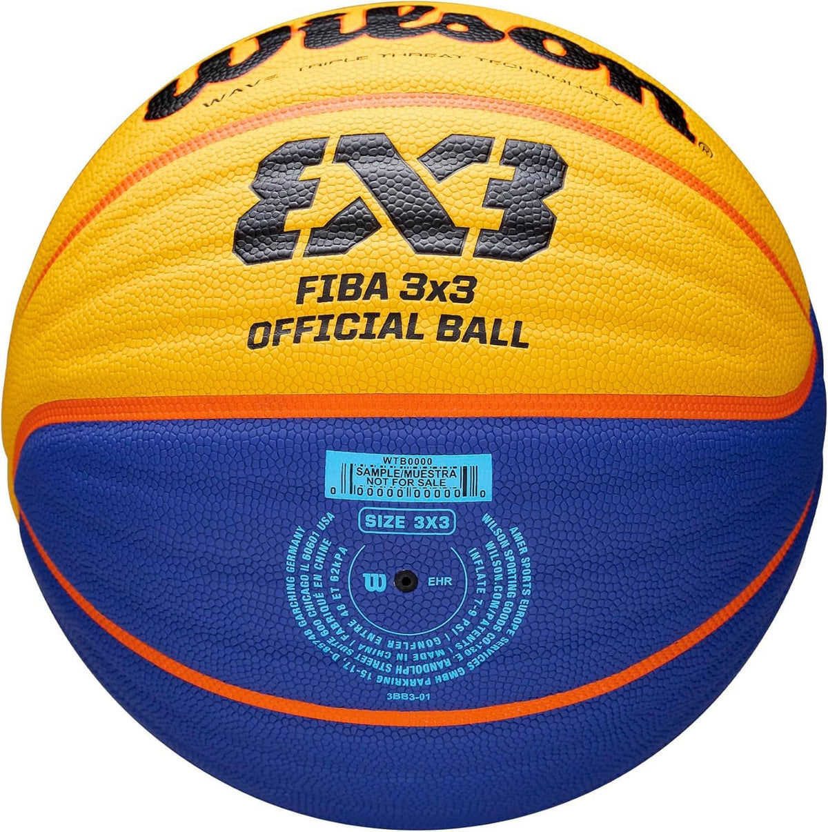 Wilson FIBA 3x3 basketball back, yellow and blue with FIBA 3x3 text and size label