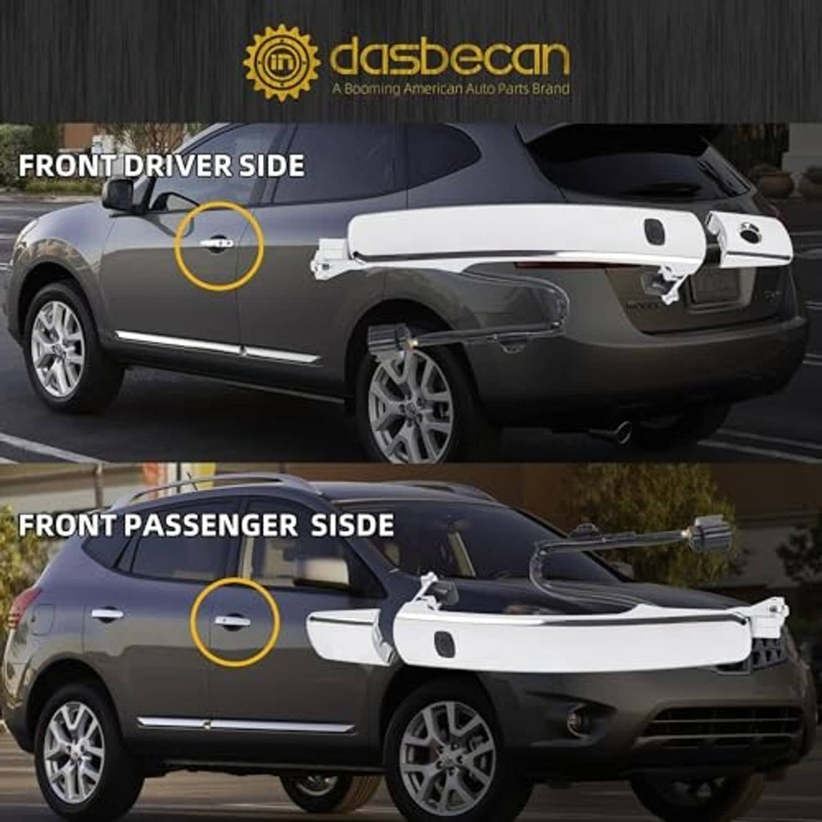 Two-piece chrome front door handle set for driver and passenger sides.