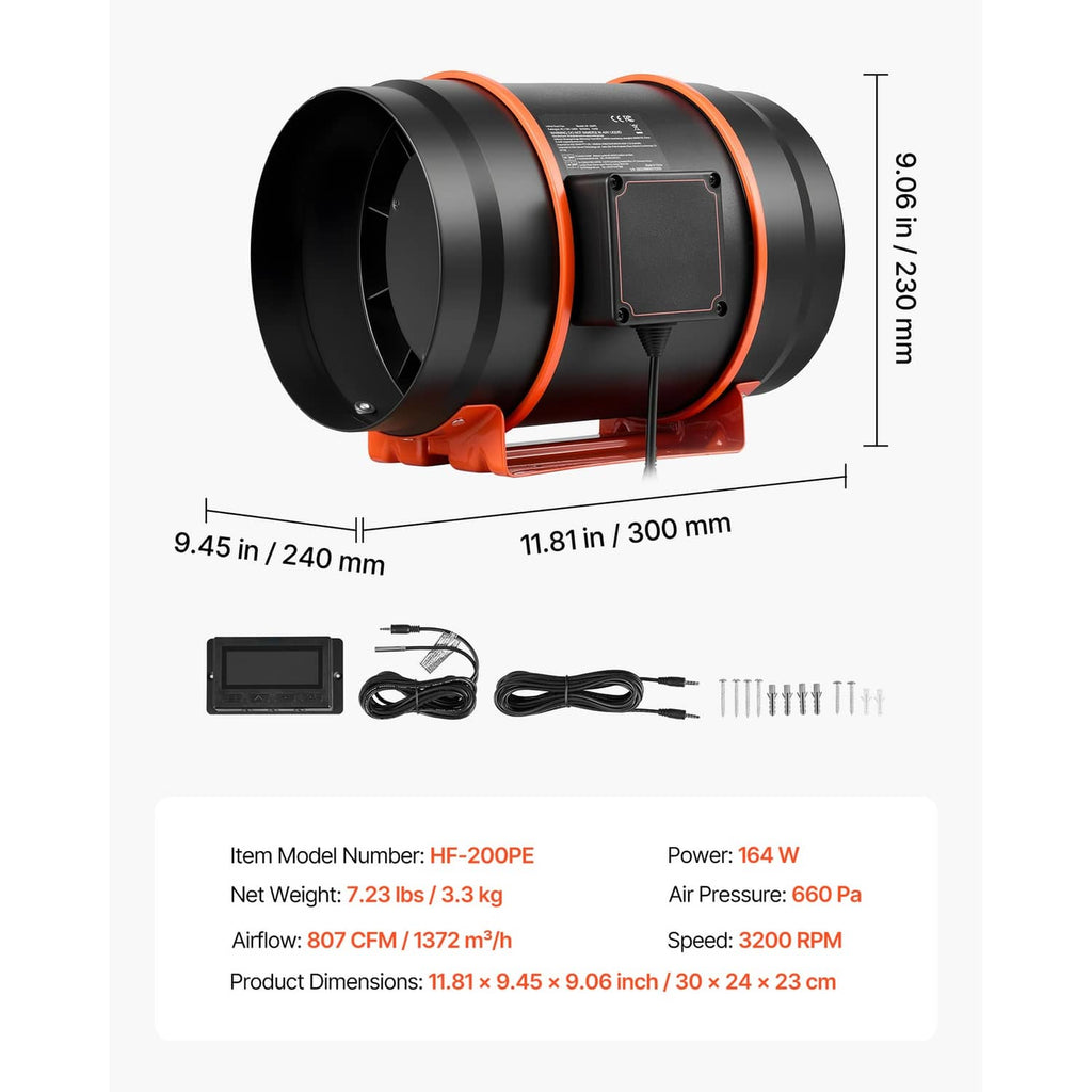8-inch inline duct fan size diagram with black-and-orange body, controller, and cables