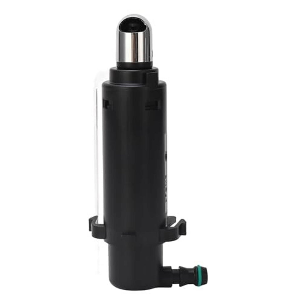Headlight washer spray nozzle jet with black housing and metallic outlet tube, rear view