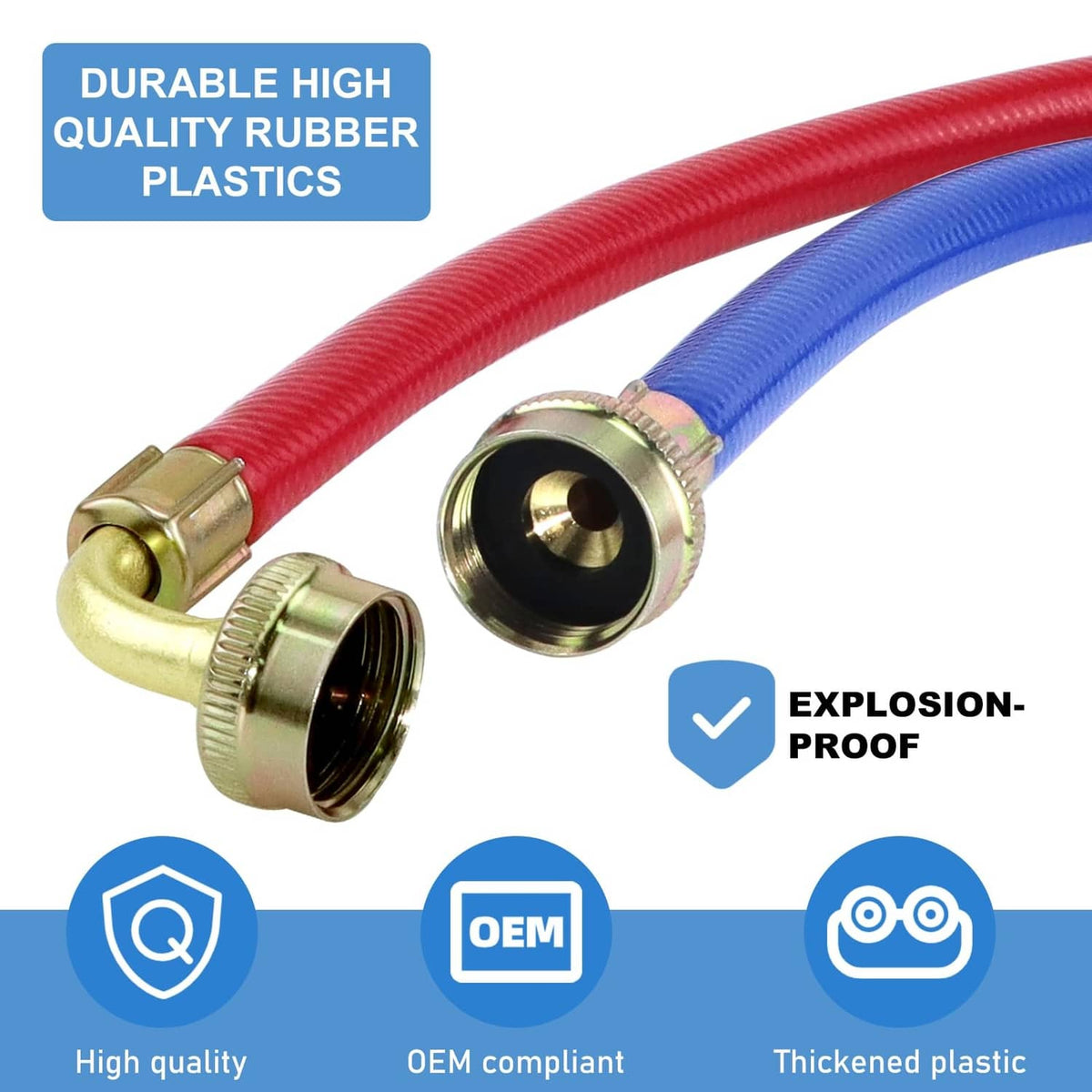 Curved red and blue washing machine hoses with brass 90-degree elbow fitting