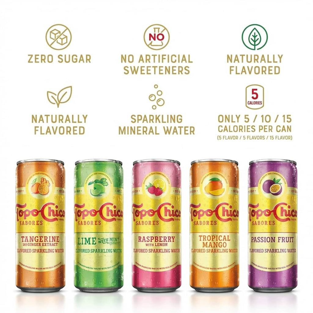 Topo Chico Sabores sparkling mineral water variety cans with zero sugar and 5 calories