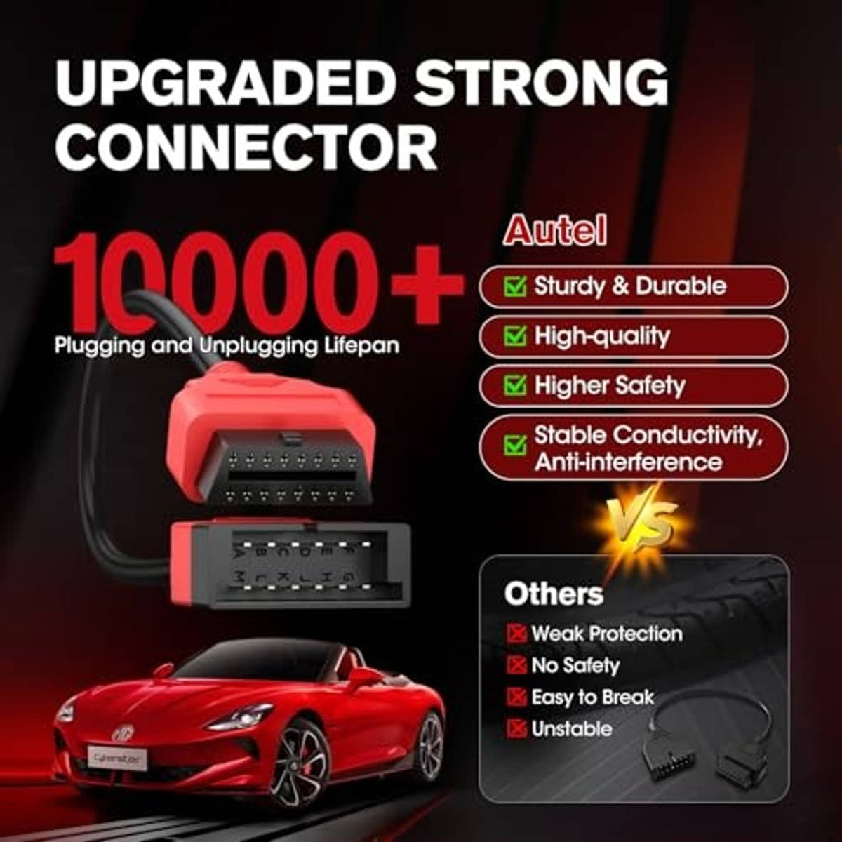 Red OBD adapter cable plug with black multi-pin connector and attached cable