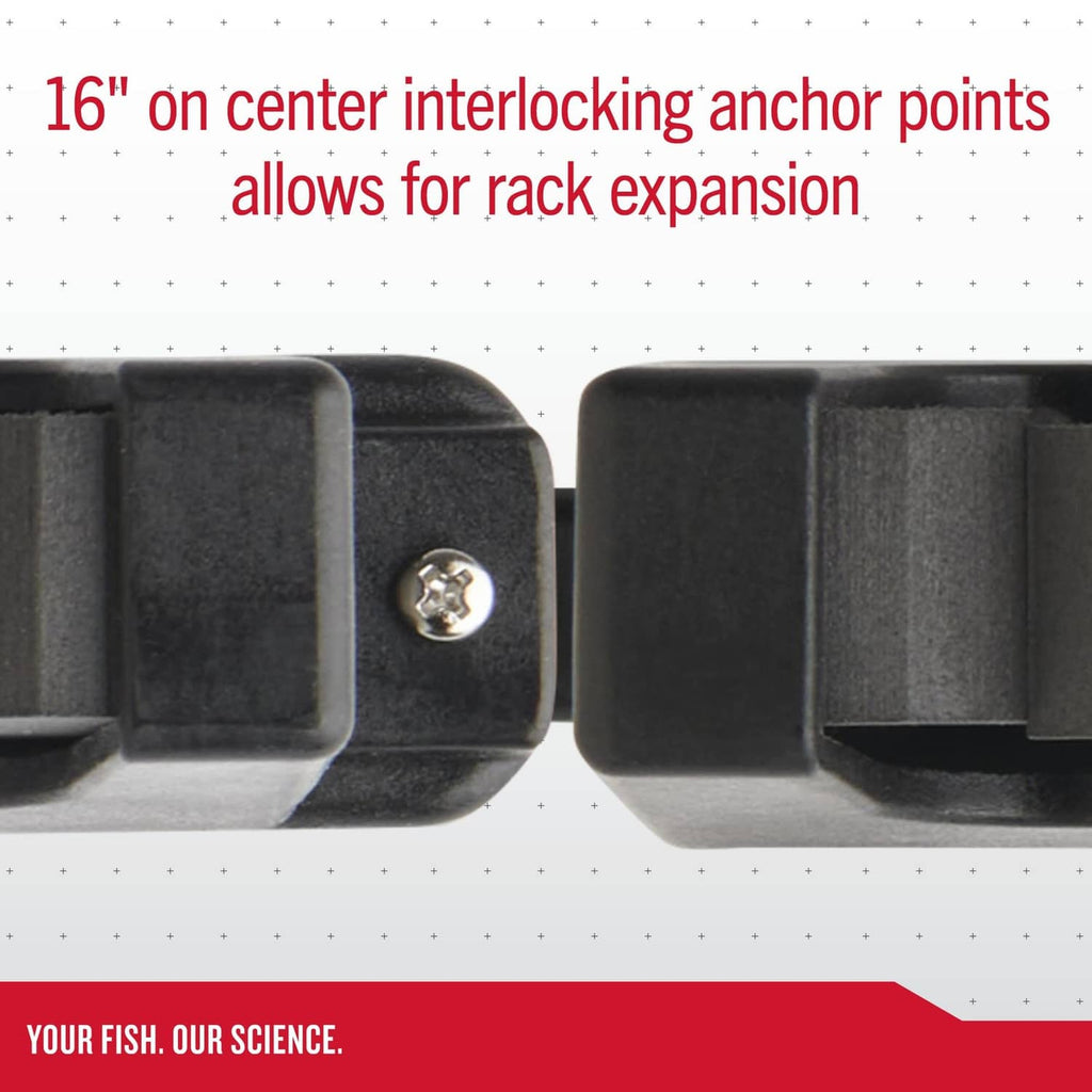 Black rack connector end with screw and center interlocking anchor points.