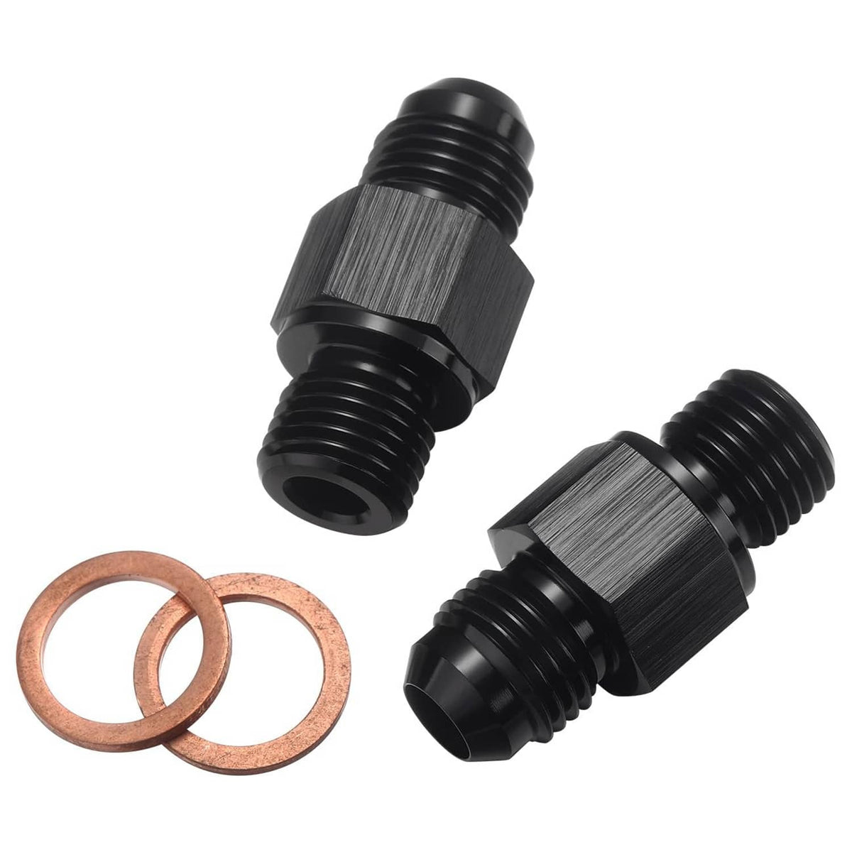 Black 6AN male to 1/4 NPSM adapter fittings with copper sealing washers, angled view