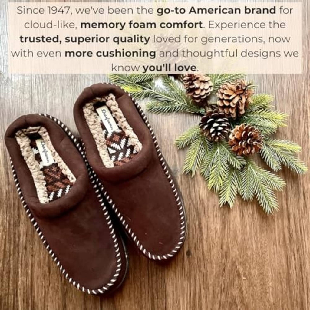 Brown suede-style clog slippers with perforated upper and stitched moc toe