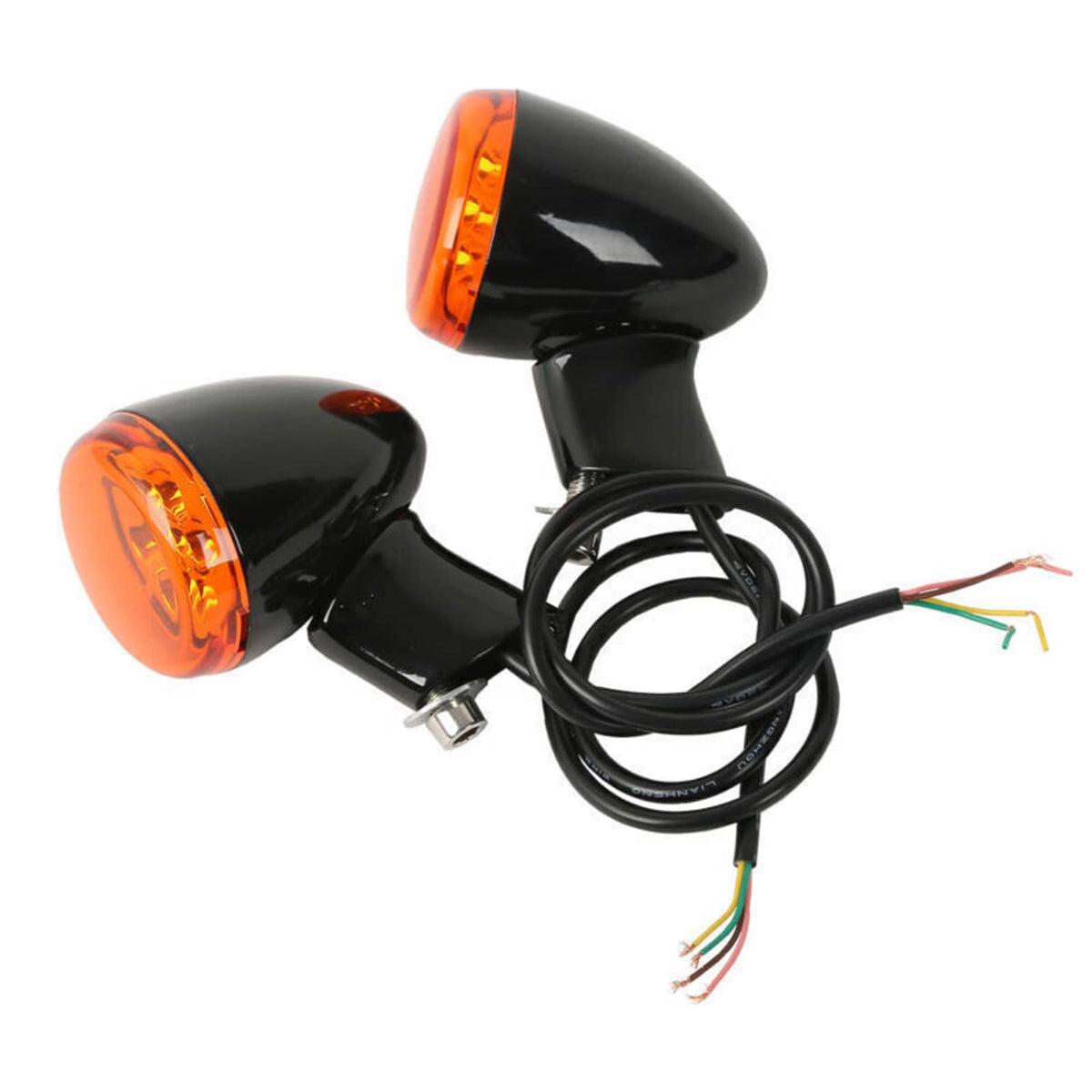 Rear LED turn signal light bracket with two amber lenses and black wiring harness