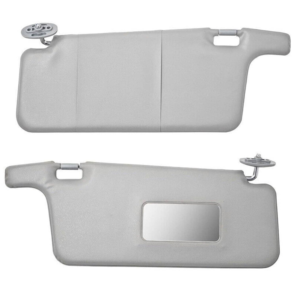 Gray interior sun visor pair with vanity mirror cutouts and mounting hardware