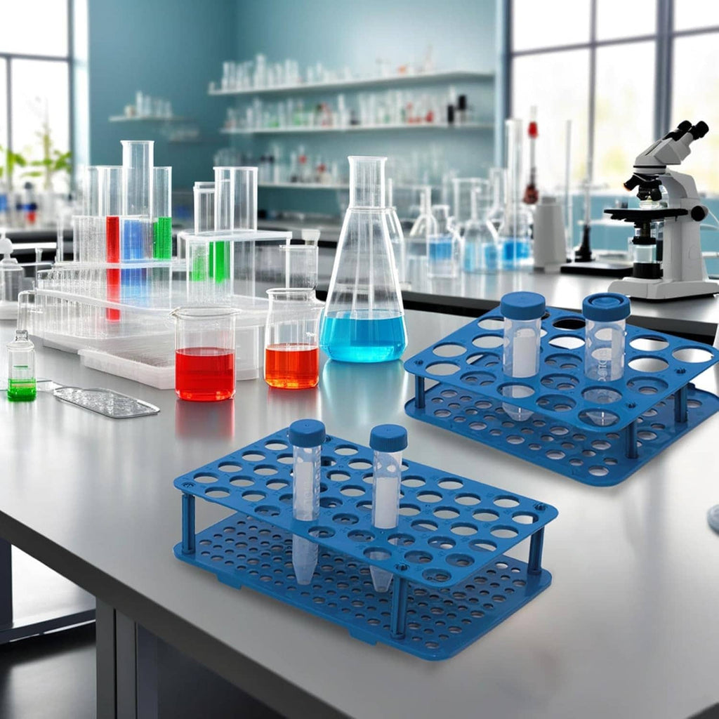 Blue plastic centrifuge tube rack with circular wells shown in a lab bench setup