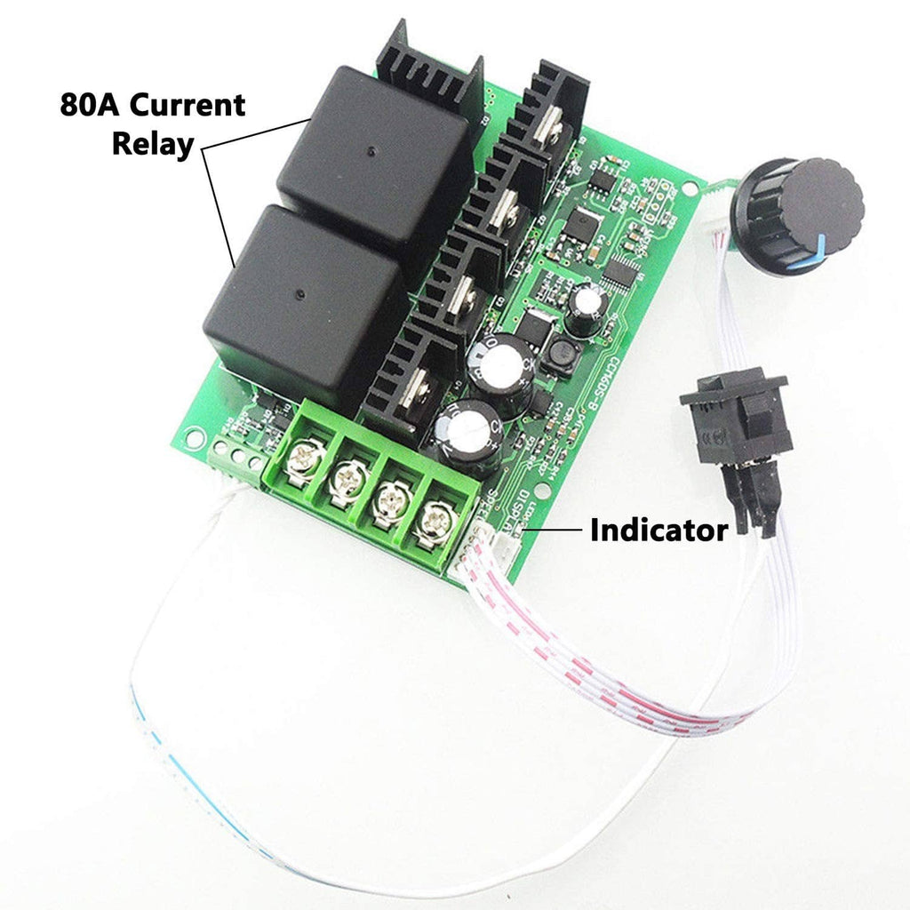 DC motor speed controller PCB with relay, indicator, and adjustment knob on green board