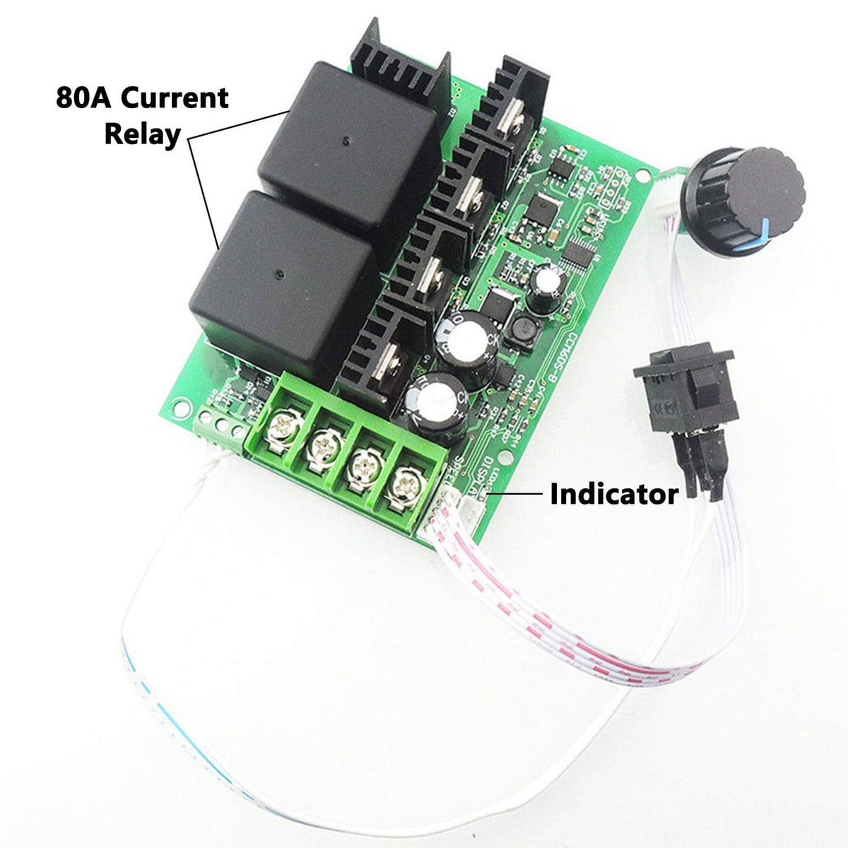 DC motor speed controller PCB with relay, indicator, and adjustment knob on green board