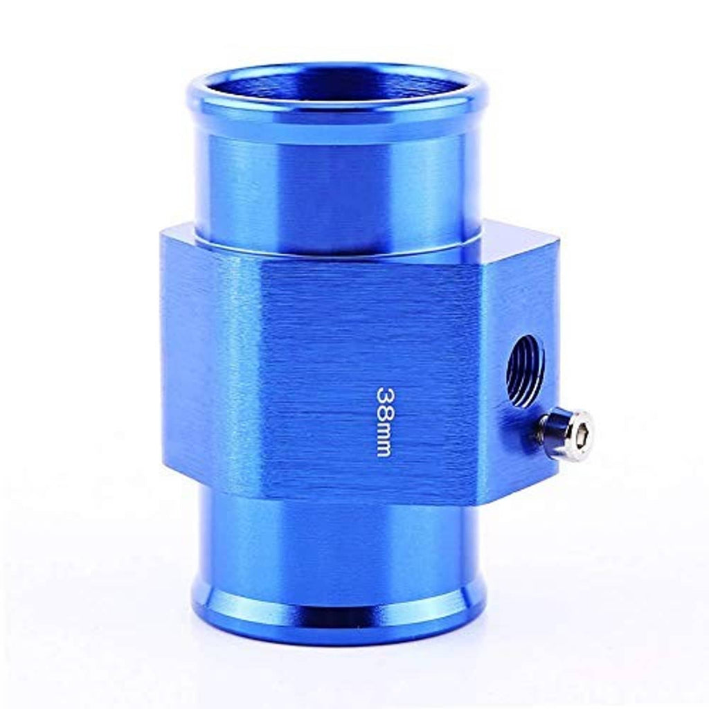Blue anodized aluminum temperature joint pipe, angled view, with threaded port and outlet