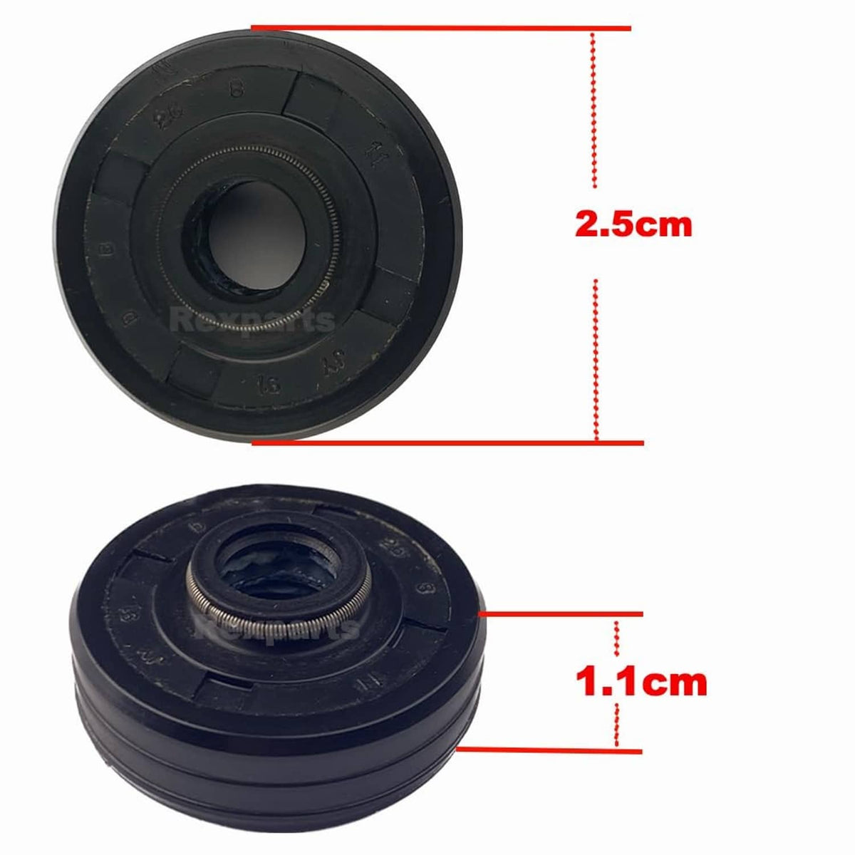 Dishwasher motor shaft seal with dimensions 2.5cm dia and 1.1cm thickness, black