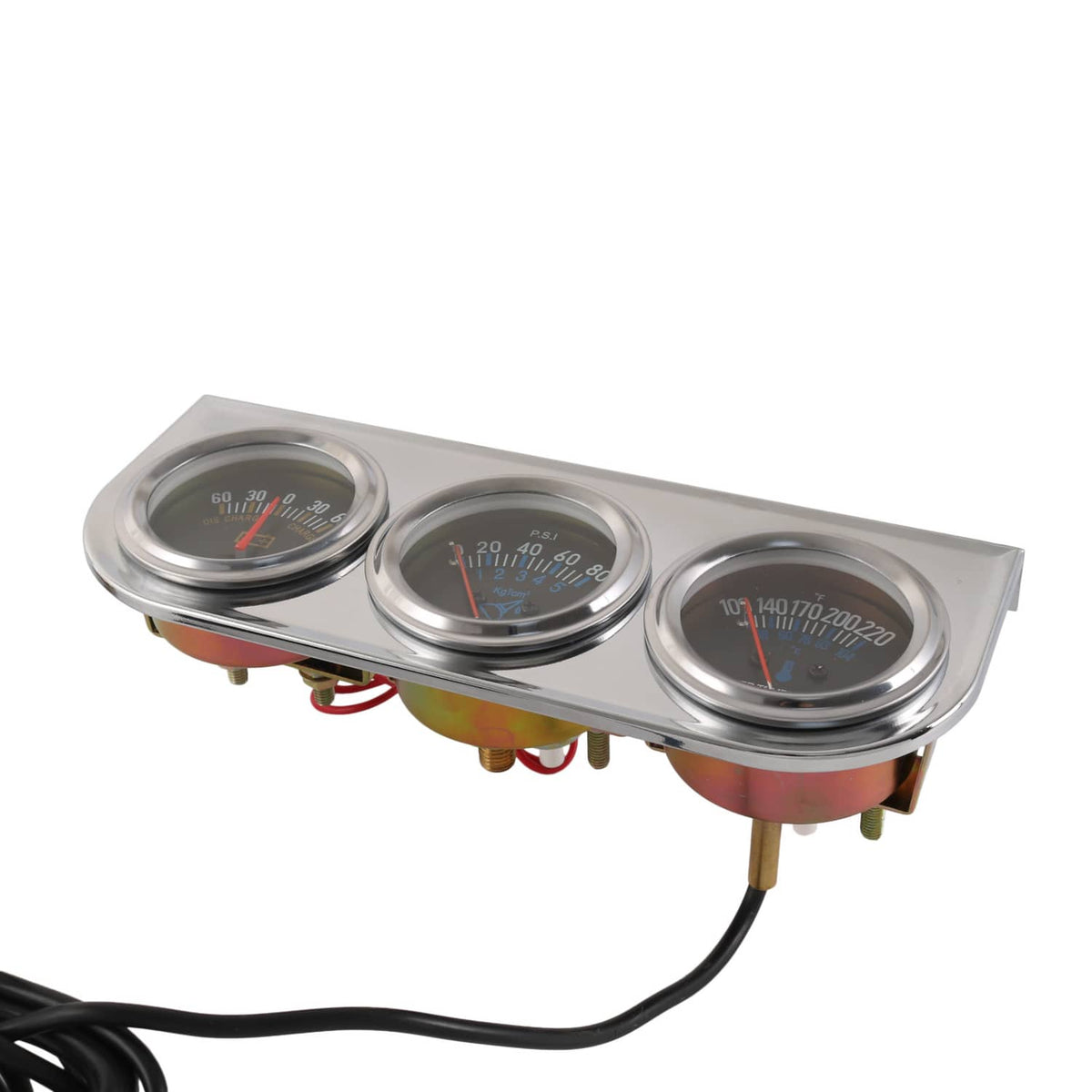 Triple car gauge set with chrome bezels and three gauge faces on a silver panel