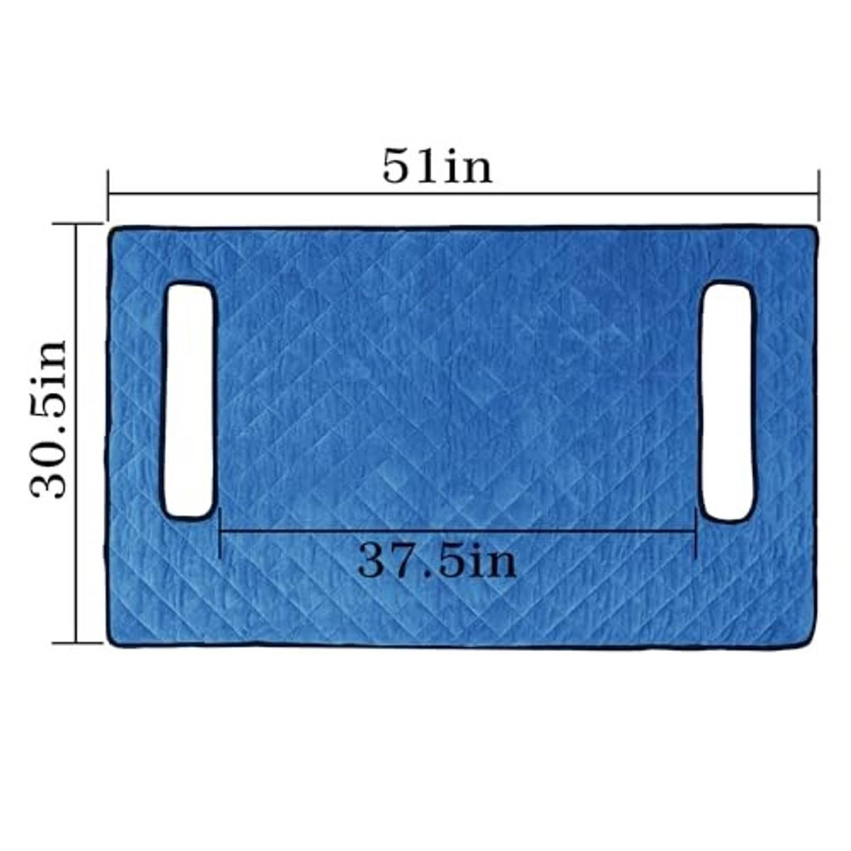 Blue quilted seat cover blanket with two oval handle cutouts, size diagram