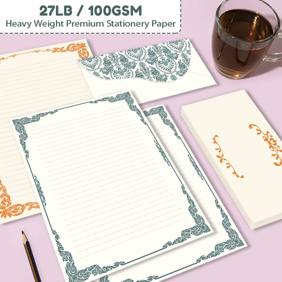 Premium 27LB/100GSM ivory stationery paper with teal and orange ornamental borders