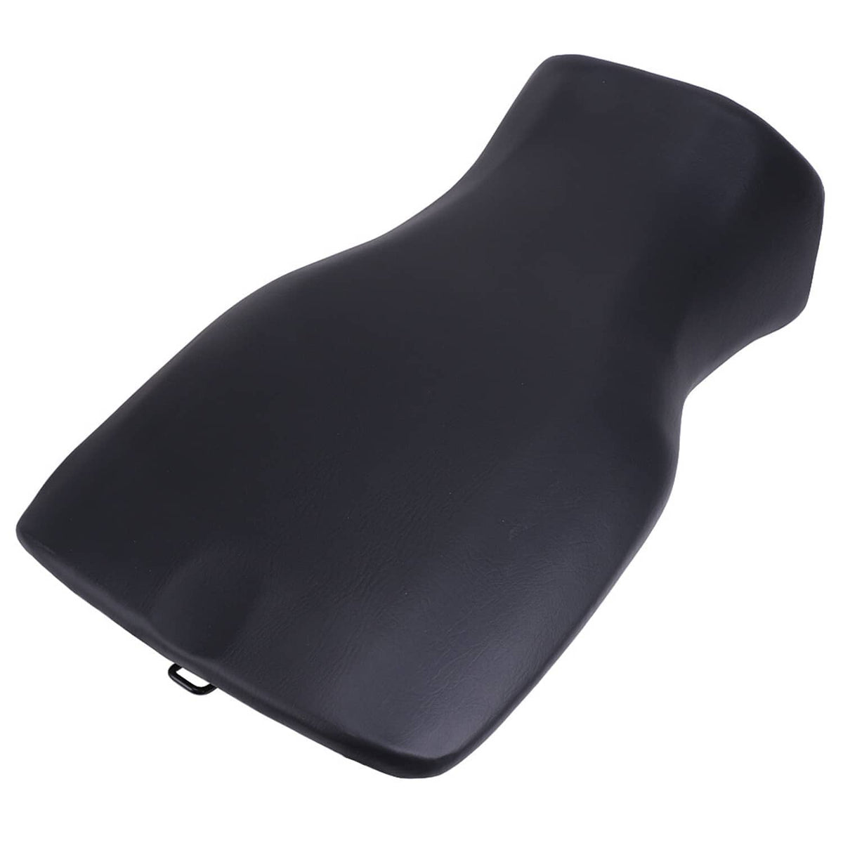 Black ATV rider seat pad, angled view showing smooth textured surface