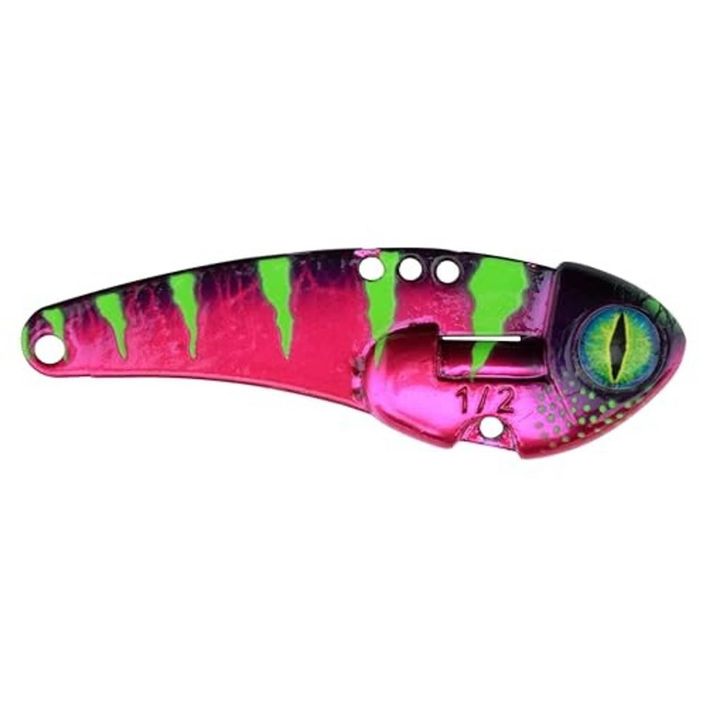Blade bait fishing lure in pink and green anaconda pattern, wide profile, treble hooks