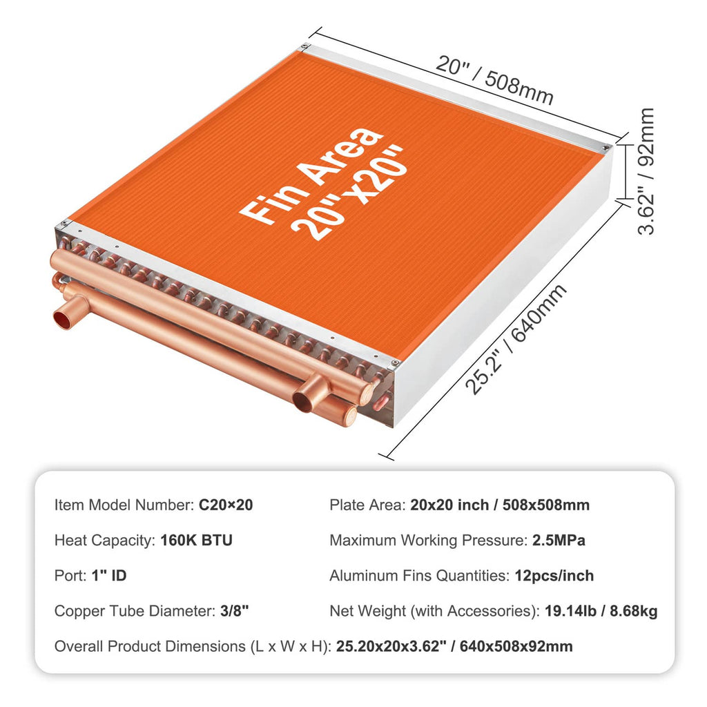 Water-to-air heat exchanger top view with copper tubes and orange fin core