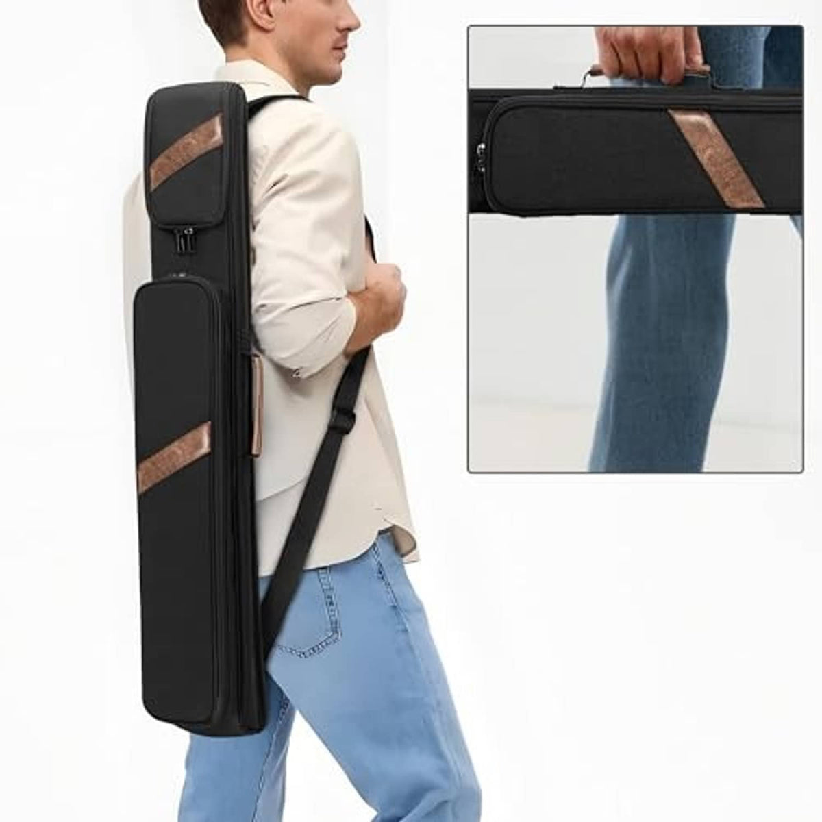 Black pool cue case with shoulder strap worn by person