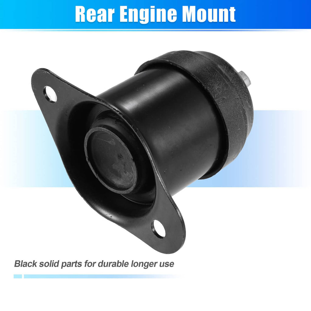Black rear engine motor mount with circular rubber bushing and metal flange holes