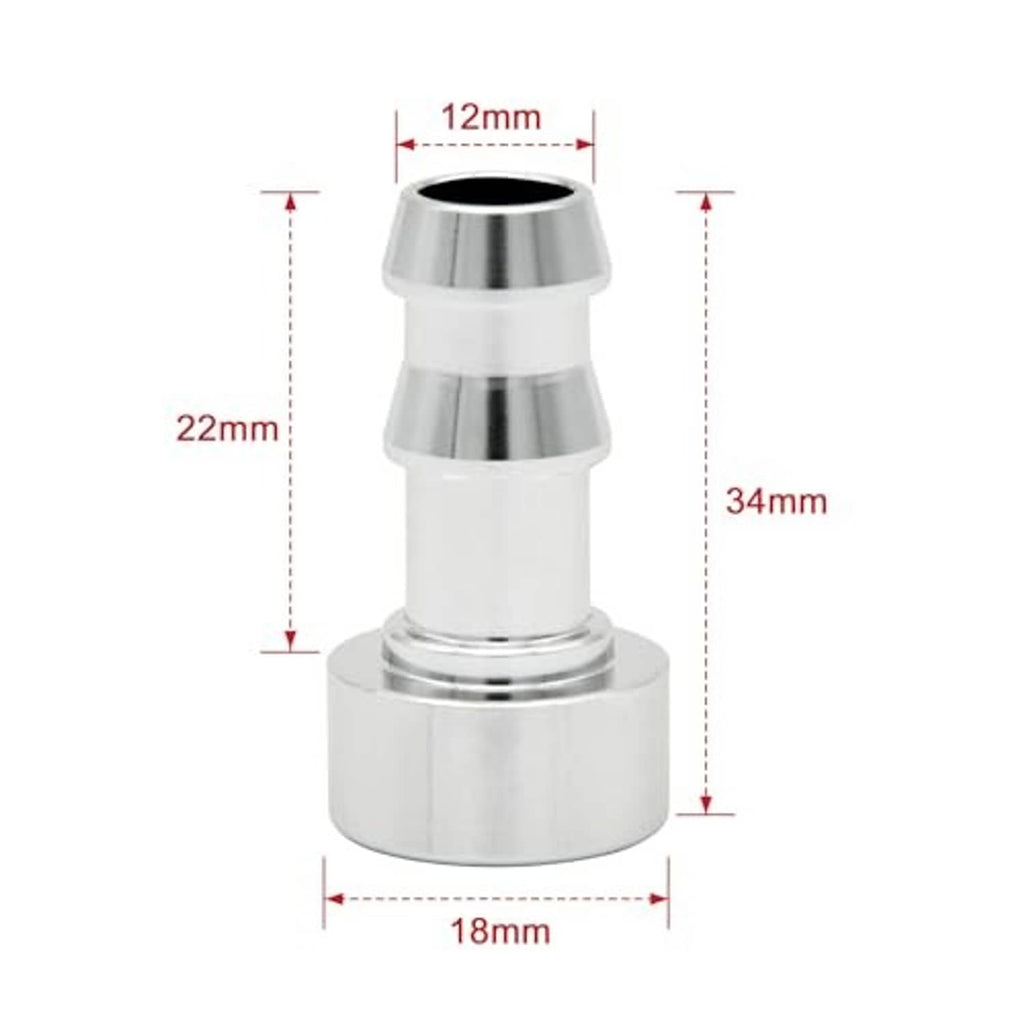 3/8 hose barb weld-on adapter, 34mm tall, 18mm base, polished aluminum