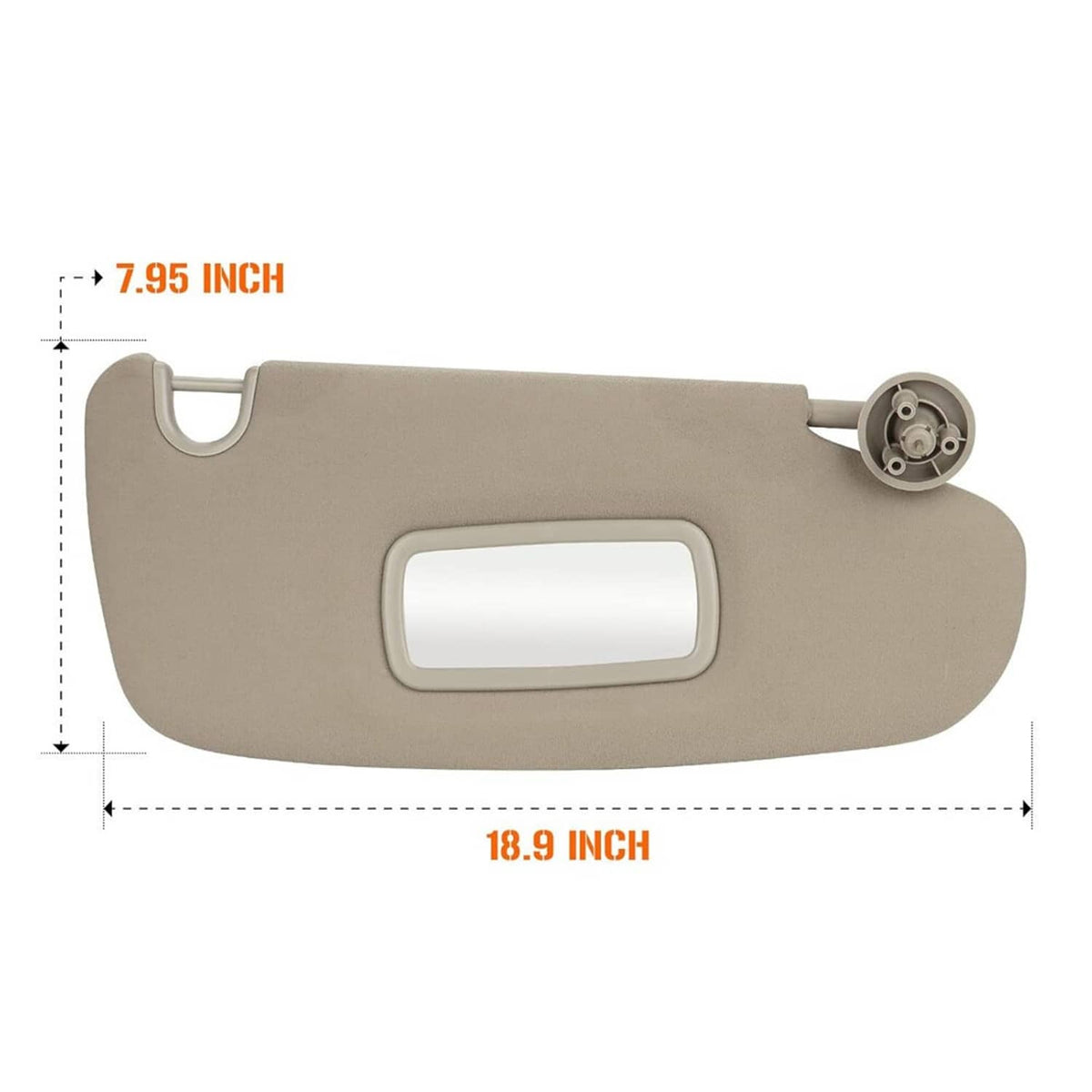 Beige sun visor with telescopic arm and rectangular vanity mirror opening